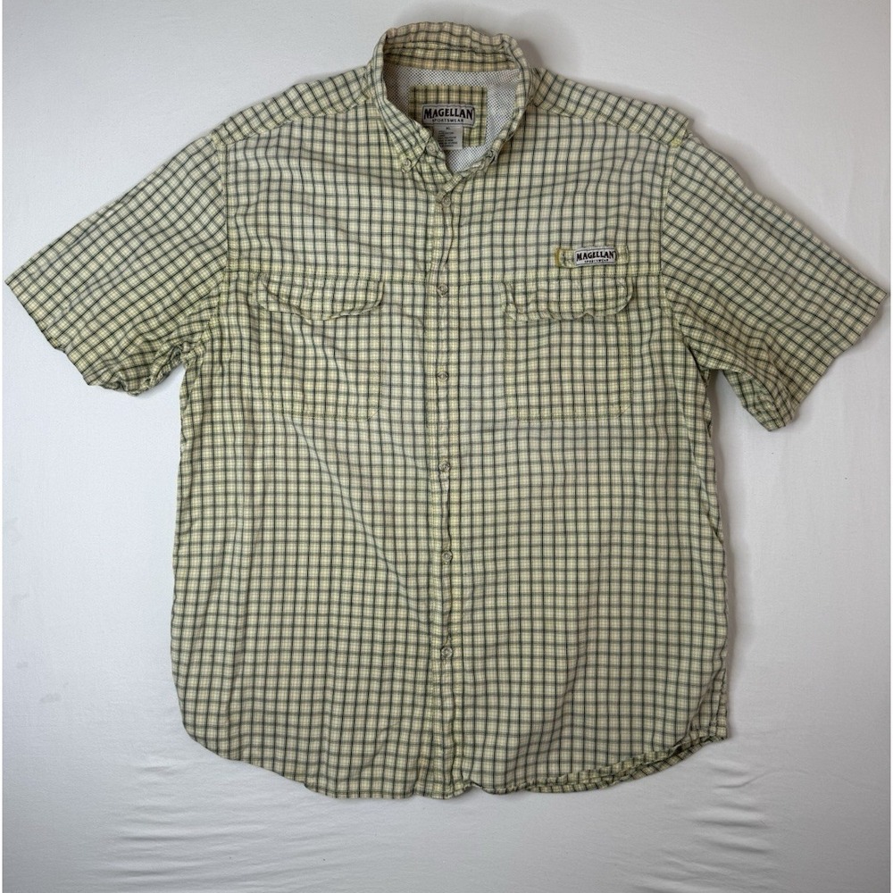Magellan Sportswear Men's XL Yellow Blue Plaid SS Button-Up Mesh Lined Pocket